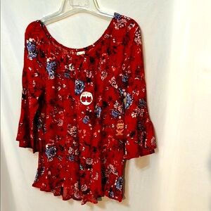Faded Glory Women's Boho Floral Red Bell Sleeve Top Size M (8-12)